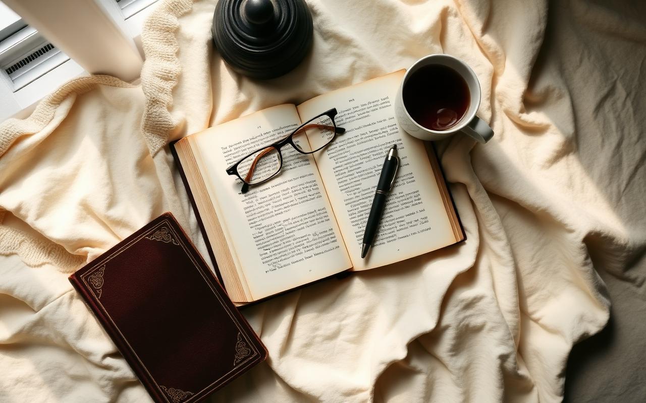 An open book with reading glasses, pen, and tea