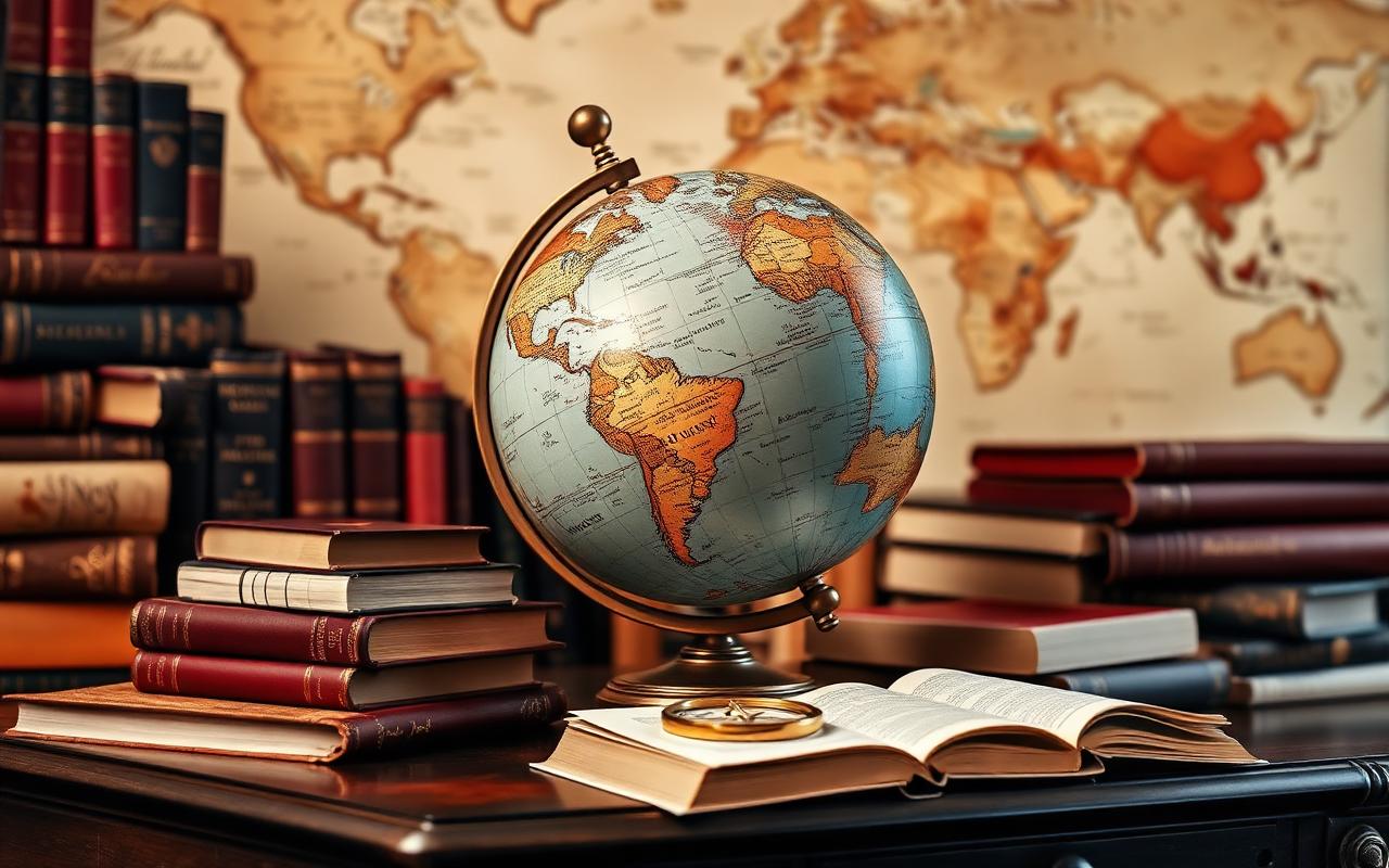 A globe surrounded by books