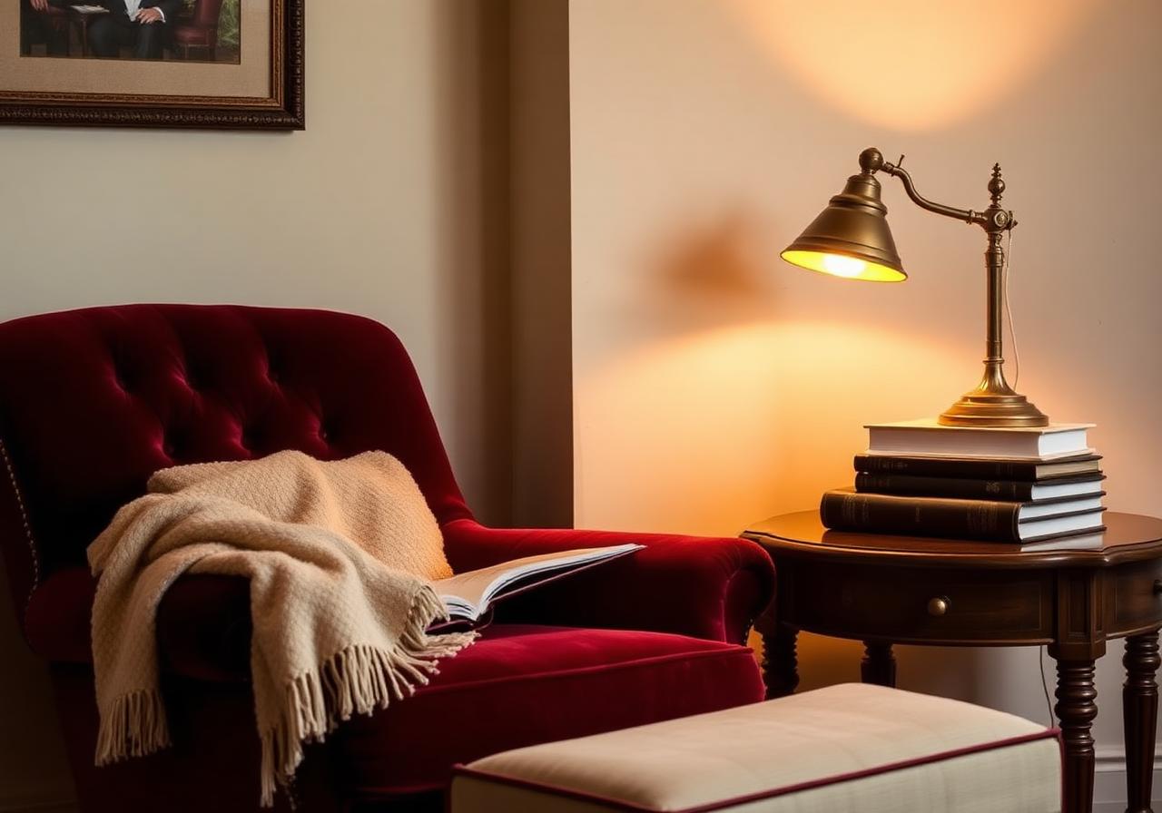 A cozy burgundy reading nook with leather-bound books
