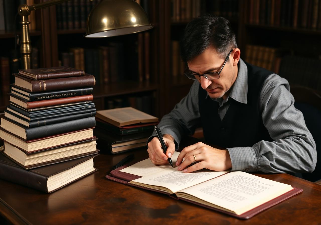 An author at work in a book-lined study